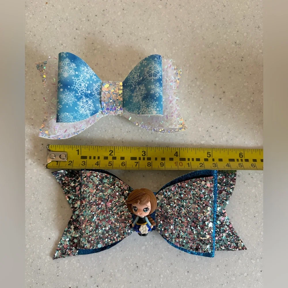 Disney Frozen Anna Inspired Blue Snowflake & Glitter Bow Hair Clip Set. Sparkly!